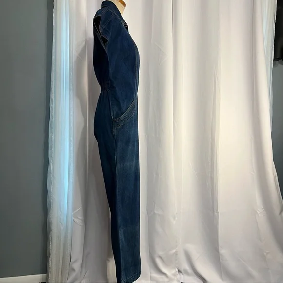1970s Denim Jumpsuit Collared With Pockets Wide Leg Stretch Waist No Size C Pics - Picture 8 of 16